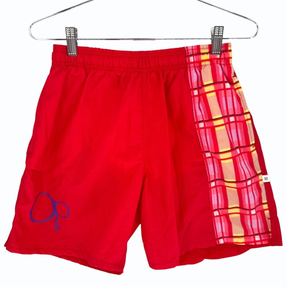 VTG 90s OP Ocean Pacific Swim Shorts Trunks Mens M Red Plaid Elastic Waist Liner